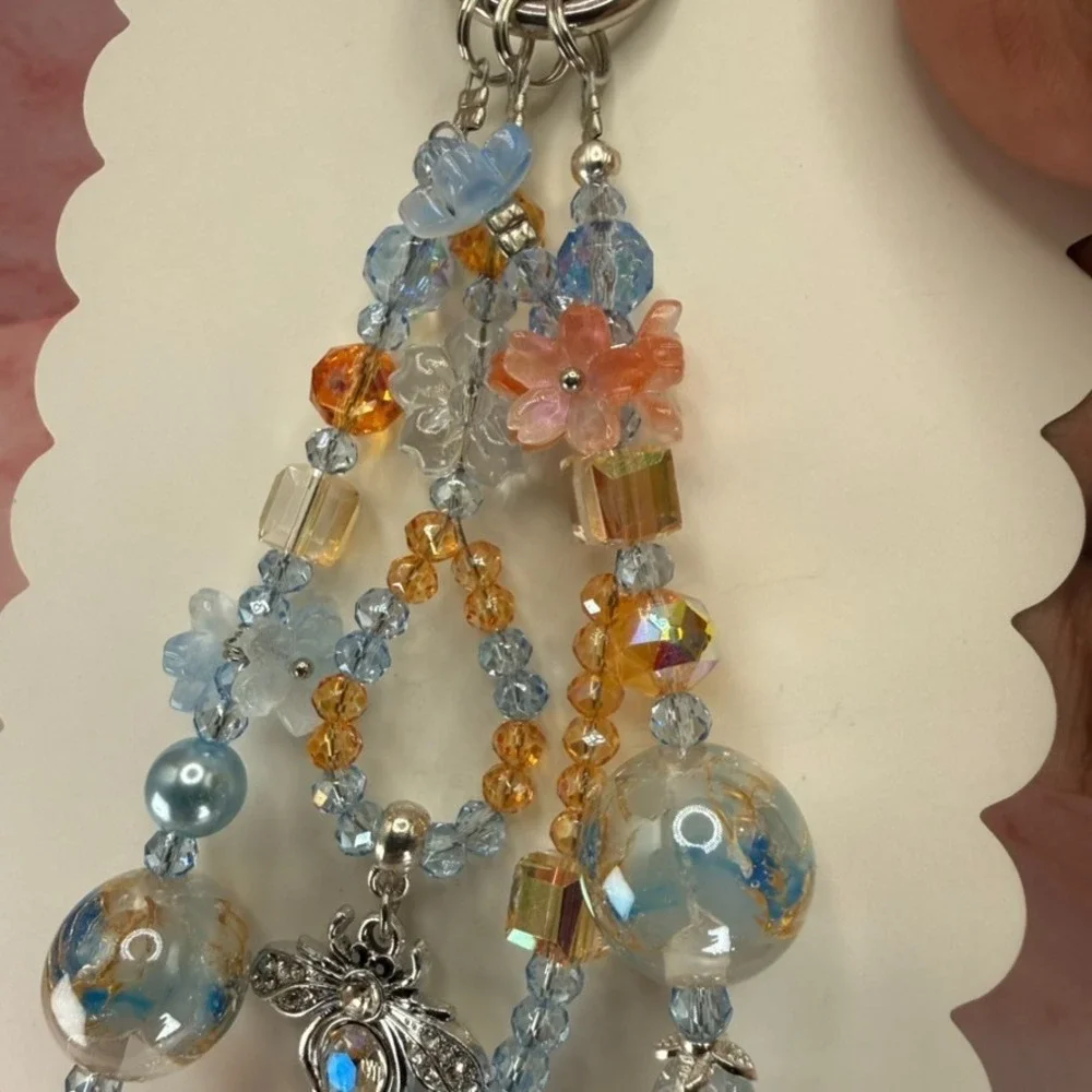 Bee Phone Wristlet Crystal Blue Beaded Heart Bow Bag Charm Keychain Handmade
